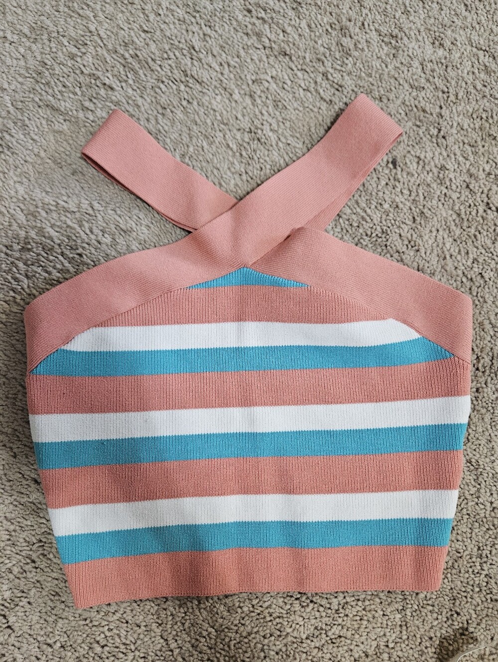 Babaton Striped Halter Crop Top in Coral, Teal & White